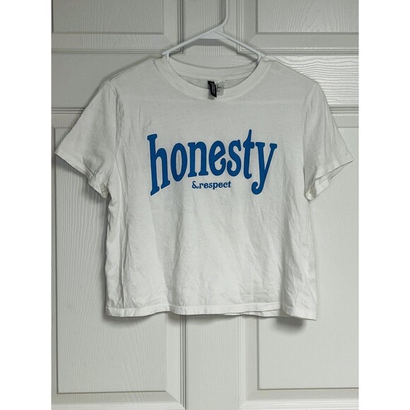 Divided Tops - H&M Divided White Honesty & Respect Cropped Short Sleeve T Shirt Size Medium